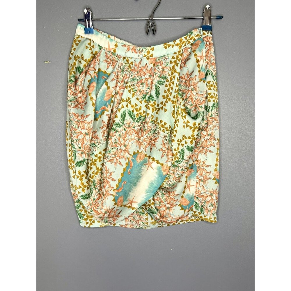 Zara Trafaluc Skirt Small Mint Tropical Mediterranean Tulip Hem Pull‎ On Silky